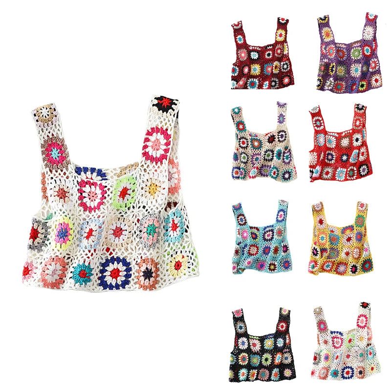 Summer Women Flower Crochet Vest Sleeveless Cover-ups Hollow Out Knit Crop Tops Bohemian Casual Daily Beach Tank Tops