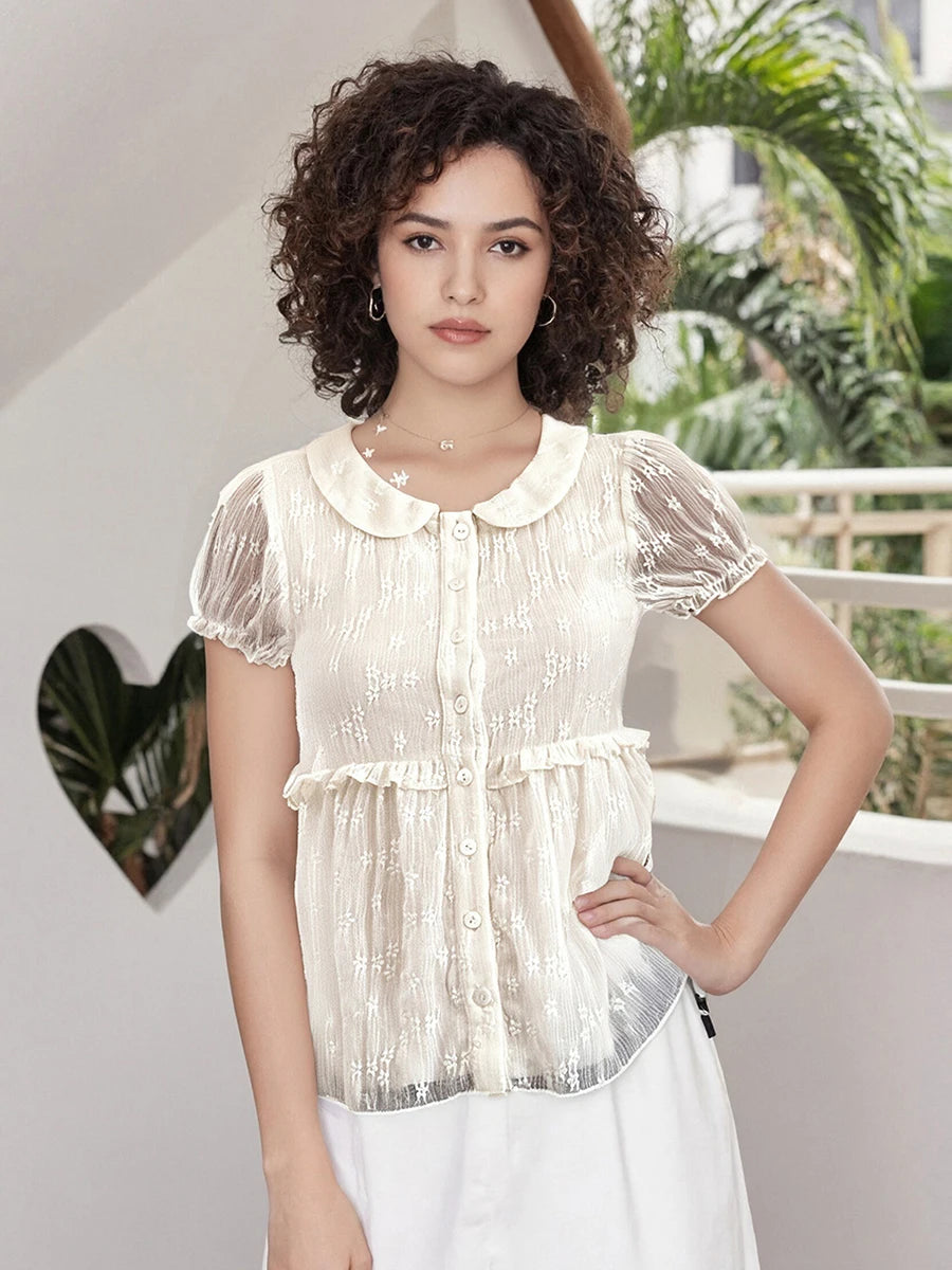 Women's Summer Solid Color Lace Short Sleeve Tops Doll Collar Button Down Ruffled Loose T-shirts