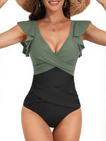 2026 Sexy Ruffle Swimsuit One Piece V-neck Drawstring Swimwear Women Bathers Bathing Swimming Swim Suit Female Beachwear XXL