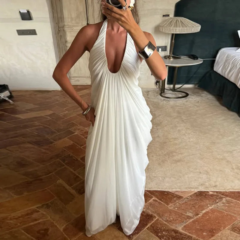 FDYOUI 2026 Summer Backless Ruched White Long Maxi Dress for Woman Elegant Sexy Halter Sleeveless Loose Evening Party Dresses