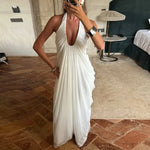 FDYOUI 2026 Summer Backless Ruched White Long Maxi Dress for Woman Elegant Sexy Halter Sleeveless Loose Evening Party Dresses