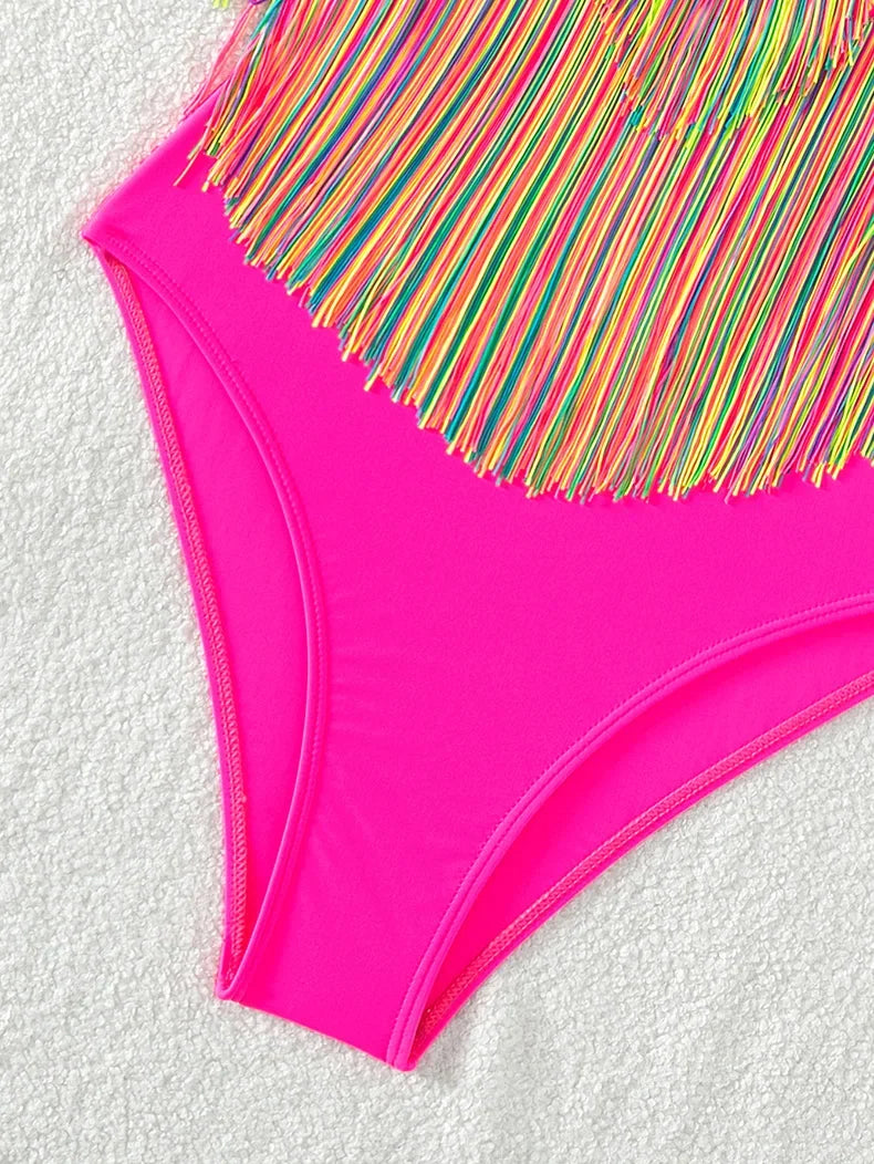 Colorful Tassel One Piece Swimsuit Women Sexy Hot Pink Push Up Tummy Control Swimwear Beach Backless Bathing Suit Monokini 2024