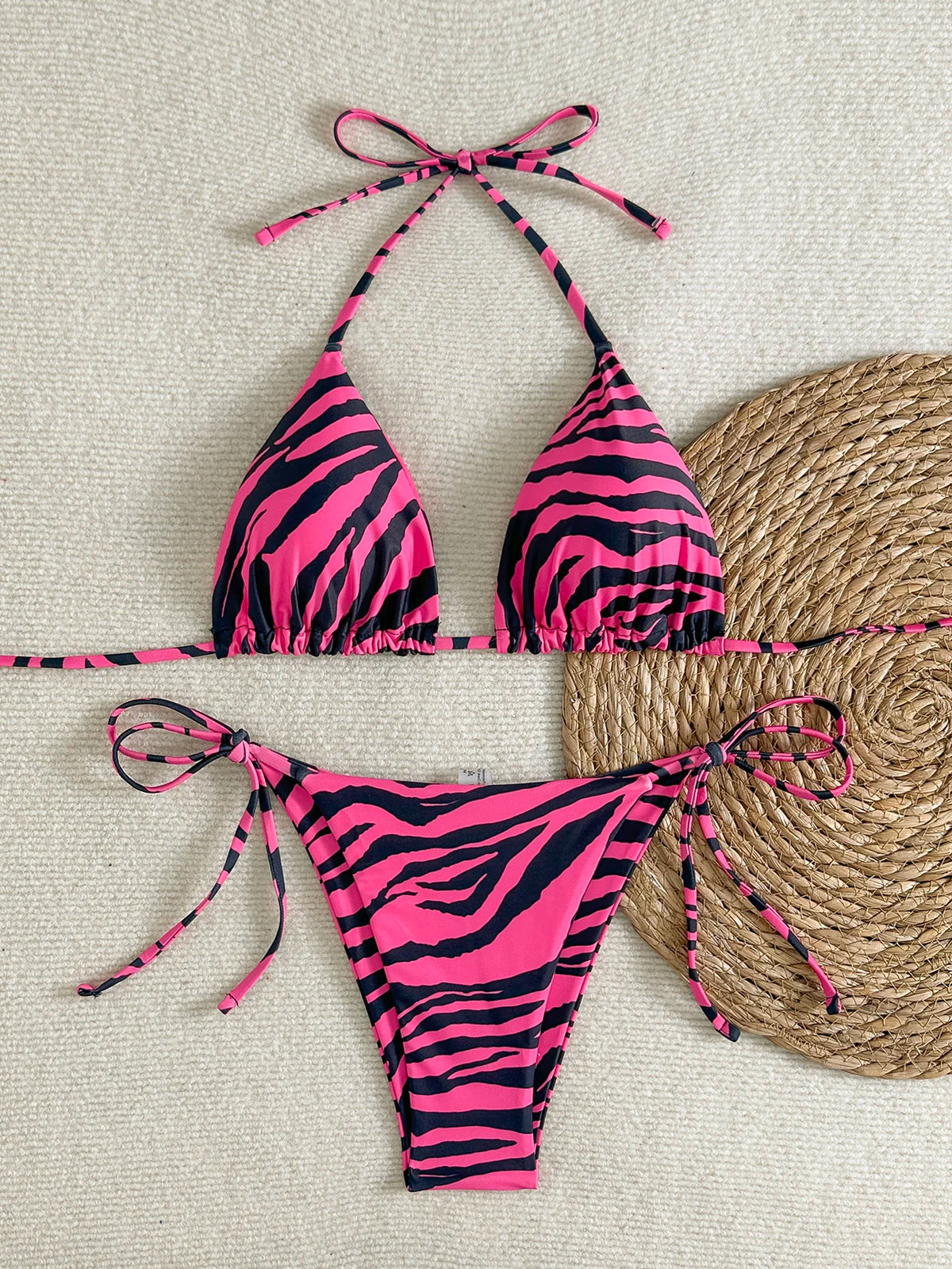 Women's Bikini Set, Two-Piece Sexy Swimsuit, Rose Red and Black Zebra Print, Side Tie Briefs, Lace-Up Triangle Bag