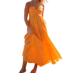 Women Summer Halter Neck Dress Sleeveless Backless Ruffle Hem Flowy Solid Color Dress for Party Beach Club Streetwear Casual