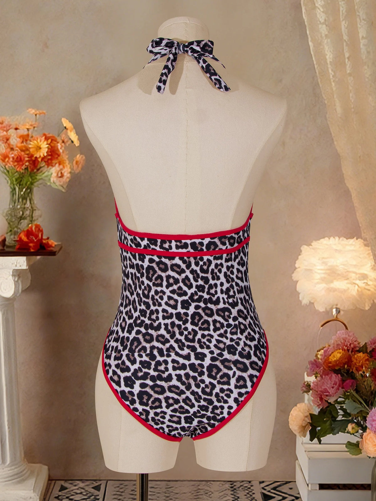 Sexy Red Leopard Print Contrast One Piece Swimsuit 2026 Women Pearls Hollow Out Deep V Neck Backless Slim Bathing Suit Swimwear