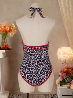 Sexy Red Leopard Print Contrast One Piece Swimsuit 2026 Women Pearls Hollow Out Deep V Neck Backless Slim Bathing Suit Swimwear