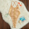 Sexy Gold Shiny Print Backless Swimwear Women One Piece Swimsuit Female Back String Cross High Cut Bathing Swimming Suit Bather
