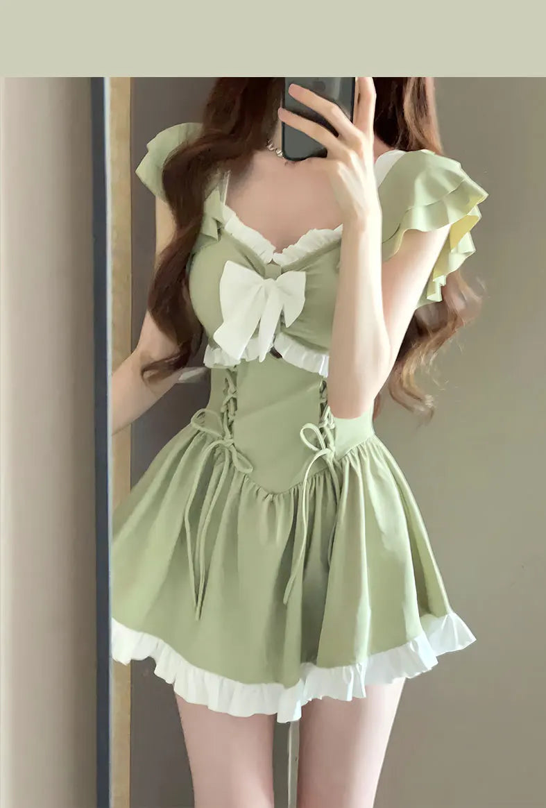Korea Style One Piece Swimsuit with Skirt Monokini 2024 Women Front Bow Push Up Pleate Tummy Control Beach Bathing Suit Swimwear