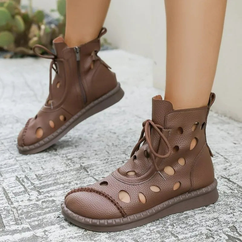 New 2026 Women's Casual Cool Boots Spring Summer Hollow Breathable Soft-soled Comfortable Flat-bottomed Short Boots