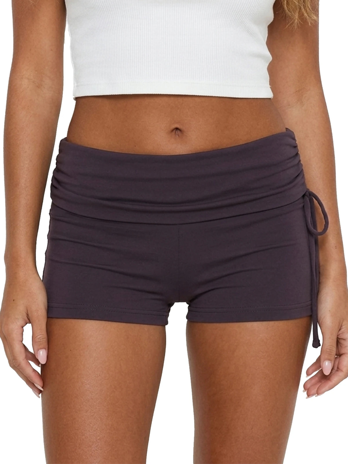 Women Workout Shorts High Waist Foldover Drawstring Bodycon Shorts for Gym Fitness Running Sporty Daily Casual Short Pants