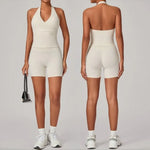 Women's Seamless Yoga Fitness Sets Sports Halter Neck Backless Vest Hip-lifting Slim Fit Shorts Suits Running Workout Gym Sets