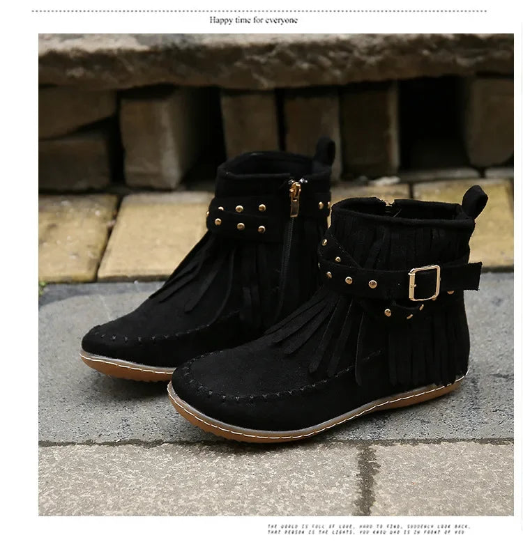 Vintage Women Boots Suede Ankle Boots Fringe Women Shoes Winter Boots Women Side Zipper Casual Shoes Ladies Snow Boot