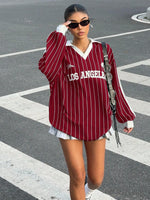 Women's Casual Striped Letter & Number Print Athletic Polo Collar Long Sleeve T-Shirt Drape Oversize Tops Streetweat Spring/Fall