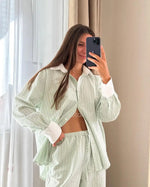 Women Autumn Winter Color Block Striped Pajama Set Skin Friendly Loose Long Sleeve Pants Two Piece Ladies Homewear Sleepwear