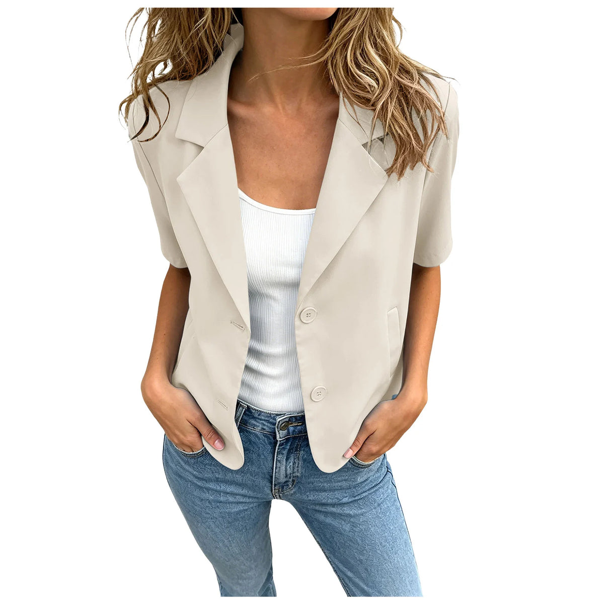 Women Cropped Short Sleeve Blazer Jacket Lapel Collar Buttons Loose Solid Suit Coat Summer Casual Office Outerwear With Pocket