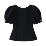 Women's Fashion Casual Bowknot Faux Pearl Puff Sleeve Black Puff Sleeve Bow Detail Peplum Waist Short Sleeve Top For Women Q2Y3