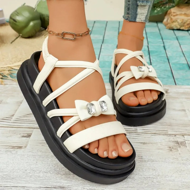 Women's RhinestonePlatform Sandals Casual Cross Strap Summer Shoes Non-Slip Thick Sole Beach Footwear