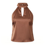 2026 Summer Women Satin Sleeveless Tops Solid Color Open Back Slim Fit Vest Party Daily Halter Cut Out Blouse Fashion
