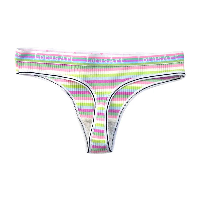 5Pcs/Set G-string Women Panties Female Low Waist Thongs Seamless Underwear Sexy Lingerie Rainbow Striped Cotton Underpants M-XL