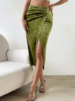 Elegant Split Velvet Skirt Commute Green A-line Mid-Calf Skirt for Lady Women's Autumn Winter Outfit Night Out Streetwear