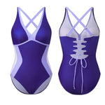 Women Bikini Contrast Color Monokini Swimsuit V-Neck Tie Back Sleeveless Bodysuit Swimwear for Beachwear Bathing Suits