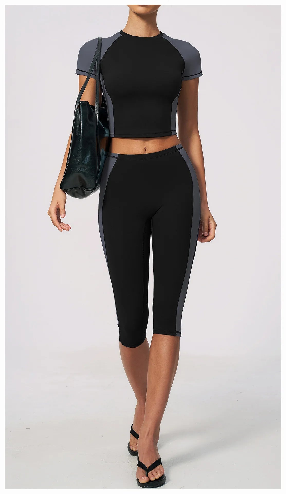 Color Blocking 2PCS Yoga Set Women's Tracksuit Short Sleeve O Neck Sports T Shirts High Waist Cropped Pants Tight Fitness Suits