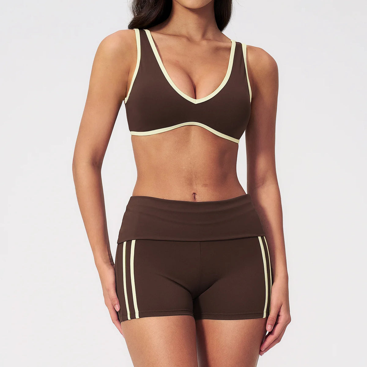 Tight Color Contrast Yoga Suit 2 Pieces Women V Neck Sports Bra Pleate High Waist Shorts Gym Running Fitness Suits Tracksuit