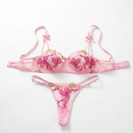 Coquette Aesthetic Pink Lingerie Set Floral Embroidery Lace Bra Set with Bow Details Sexy Sheer Mesh Teddy ZA825296