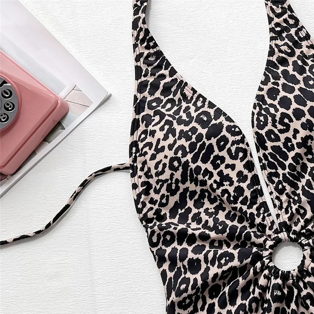 Leopard Print Halter Backless Swimwear Sexy One Piece Swimsuit Women 2026 Hollow Out Bathing Suit Metal Wrinkled Monokini Swim