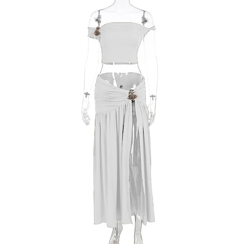 Summer Skirt Set Women Metal Flower Sexy Off Shoulder Slim Crop Top High Slit Skirt Sets Fashion Backless Pleated 2 Piece Suits