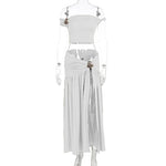 Summer Skirt Set Women Metal Flower Sexy Off Shoulder Slim Crop Top High Slit Skirt Sets Fashion Backless Pleated 2 Piece Suits