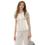 Women's Summer Solid Color Lace Short Sleeve Tops Doll Collar Button Down Ruffled Loose T-shirts