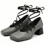 Plus Size 52 Retro Lace Up Ankle Wrap Mary Jane Heels Women Shoes Square Toe Faux Leather Chunky Block Mid Heel Vintage Pumps
