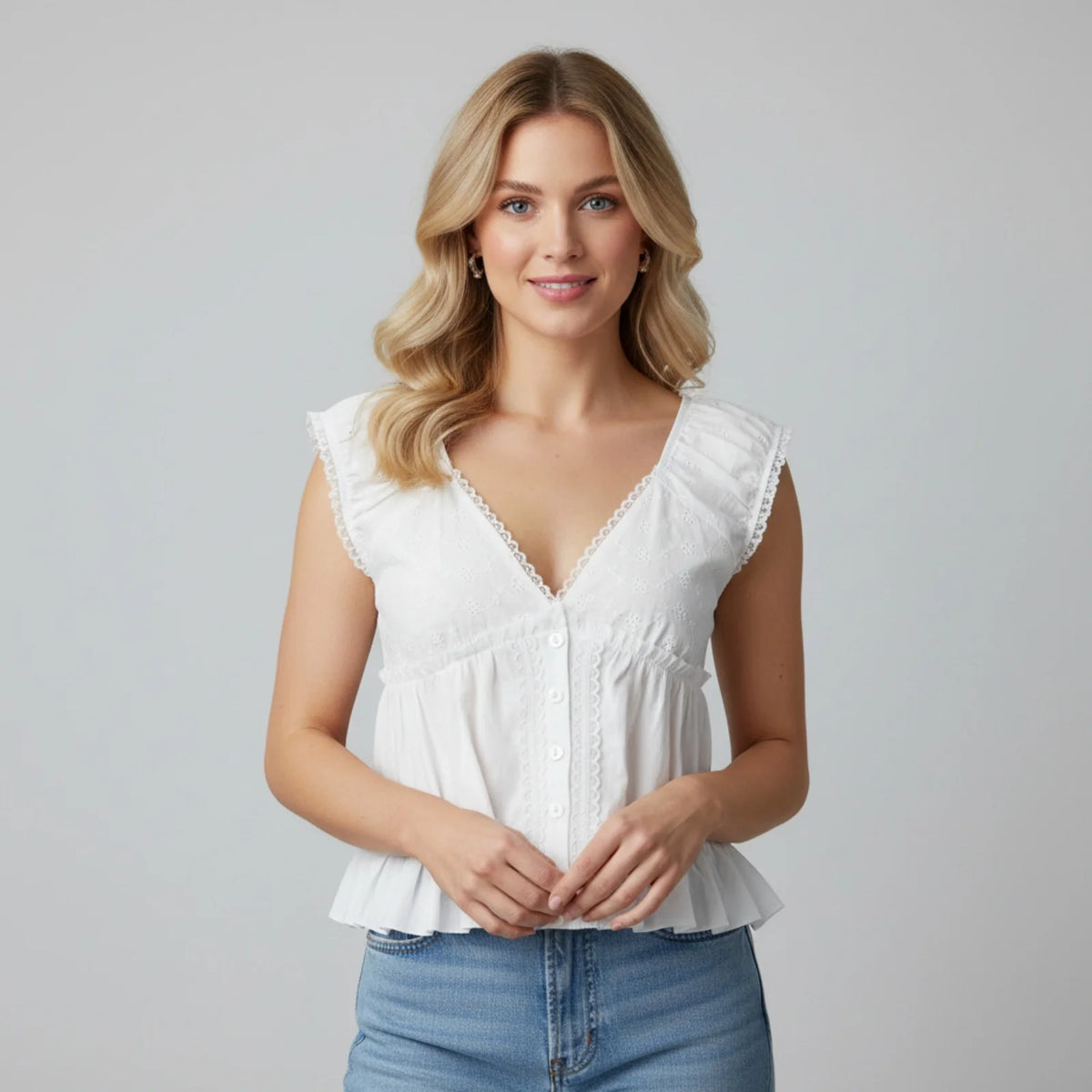 Women's Summer Solid Color Babydoll Tank Tops Button Down Stylish Lace Trim Loose Hem Deep V Neck Sleeveless Shirts
