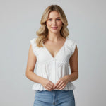 Women's Summer Solid Color Babydoll Tank Tops Button Down Stylish Lace Trim Loose Hem Deep V Neck Sleeveless Shirts