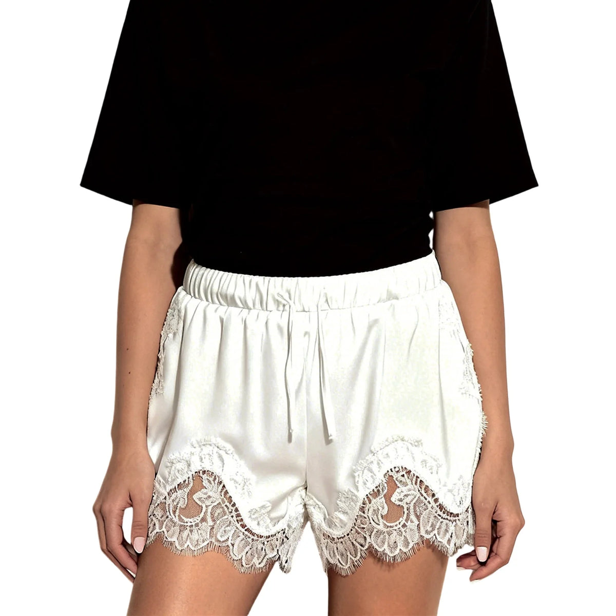 Women's Solid Color Satin Mini Shorts Lace Patchwork Drawstring Elastic Waist Casual Summer Lounge Shorts