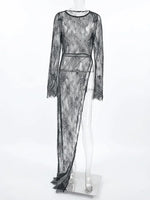 Woman Clothing 2026 O-neck Hollow Out High Slit Long Maxi Lace Dress Black Streetwear Ladies See-through Black T-shirt Dresses