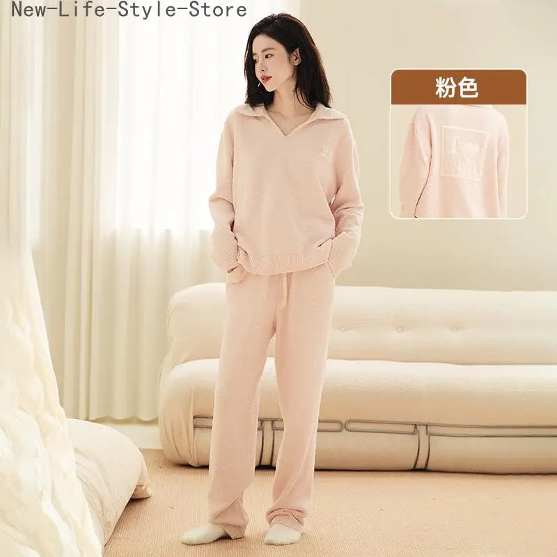 Women Winter Half Fleece Pajama Set Thick Warm Long Sleeve Long Pants Cozy Soft Casual Homewear Loungewear Sleepwear Suit
