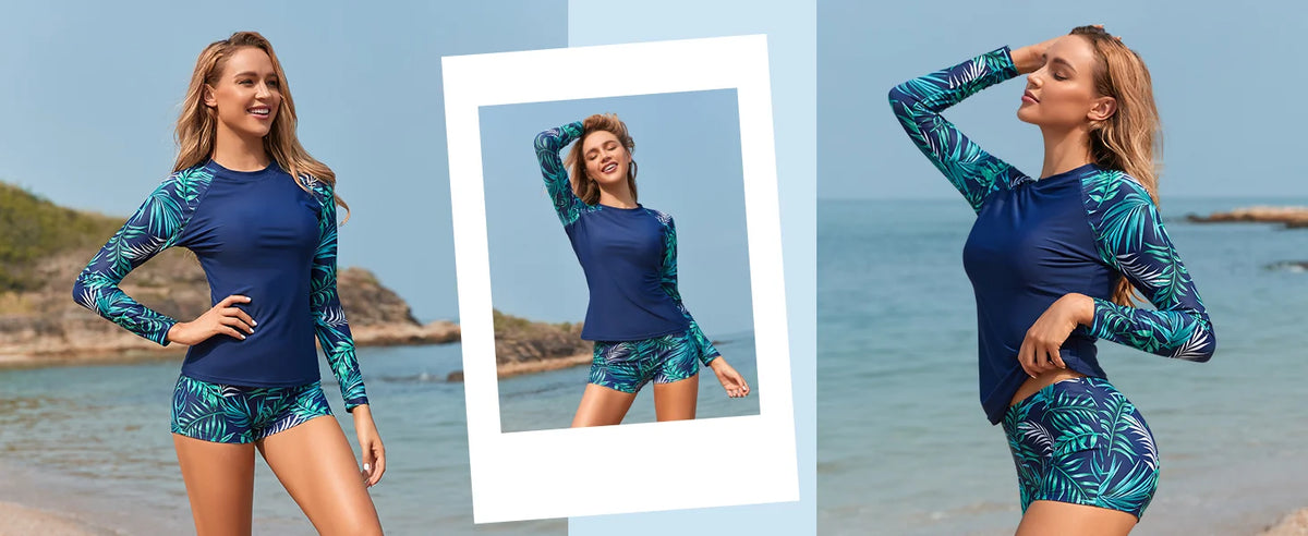 2026 Sexy Floral Long Sleeve Two-Piece Women's Surfing Swimsuit Drawstring Swim Tankini Rash Guard Beachwear Bathing Suit Female