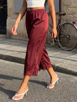 Women's Satin Lace Hem Capris Elastic Waist Loose Fit Wide Leg Pants Solid Color Lounge Street Casual Cropped Pants Summer