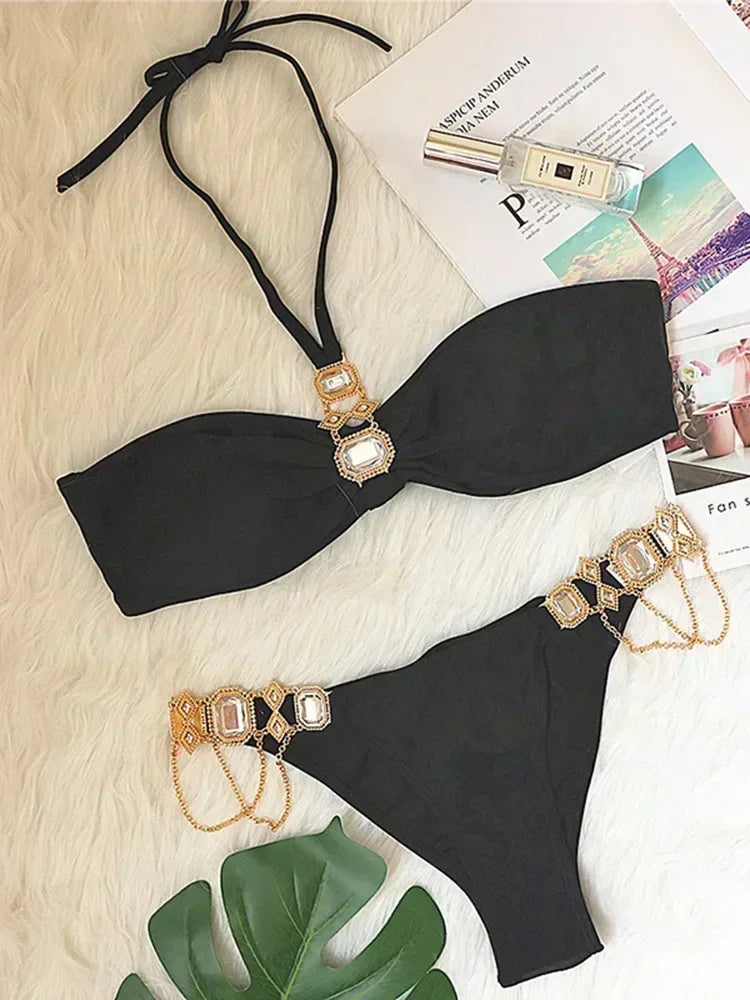 Halter Crystal Rhinestone Diamond Bikini 2026 Female Swimsuit Women Swimwear Two Pieces Bikini set Brazilian Bathing Suit Swim