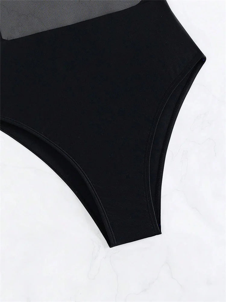 Sexy See Through One Piece Swimsuit 2025 Women Solid Black Mesh Transparent Hollow Out Backless Bathing Suit Swimwear Beachwear