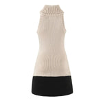 Women's Fashion Patchwork Knitted Dress Knit Sleeveless Dress Bodycon Fit With Contrast Black Hem Cozy Winter Mini Dress CR01