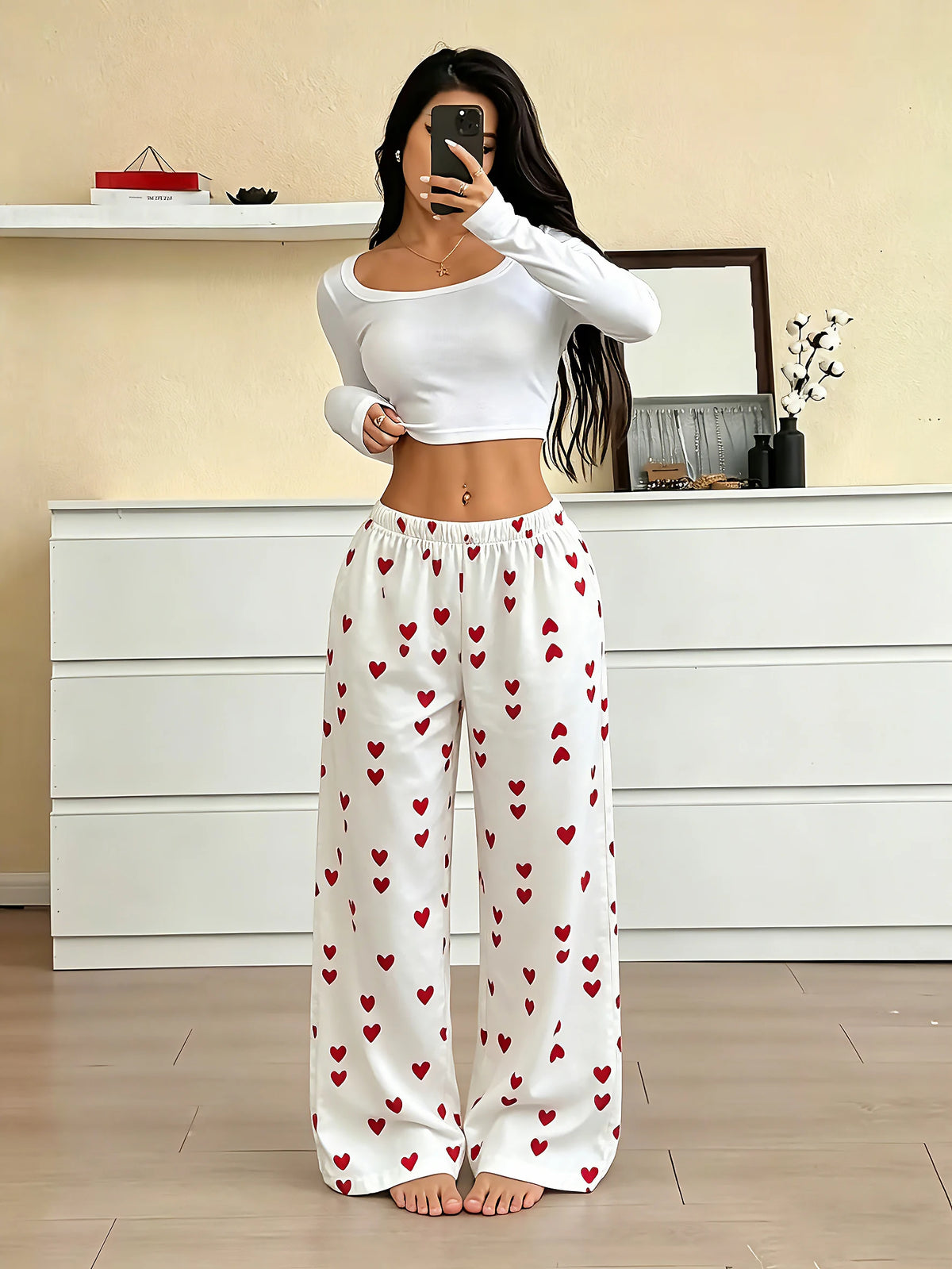 New Summer Women Satin Pajama Pants Cute Heart Pattern Elastic Waist Loose Long Sleepwear Trousers Comfortable Home Lounge Pants