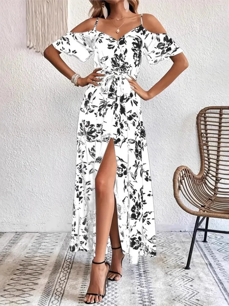 New Summer Women Print Dress 2025 Fashion ElegantVacation Party Short Sleeve Slim V-neck Slit Long Dresses Vestidos Para Mujer