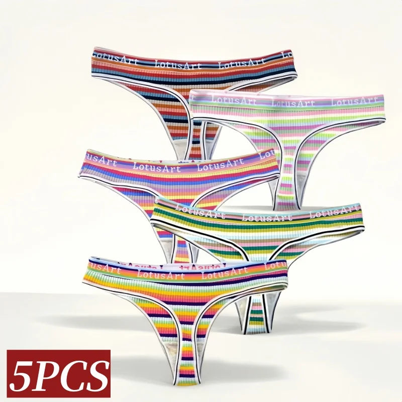 5Pcs/Set G-string Women Panties Female Low Waist Thongs Seamless Underwear Sexy Lingerie Rainbow Striped Cotton Underpants M-XL