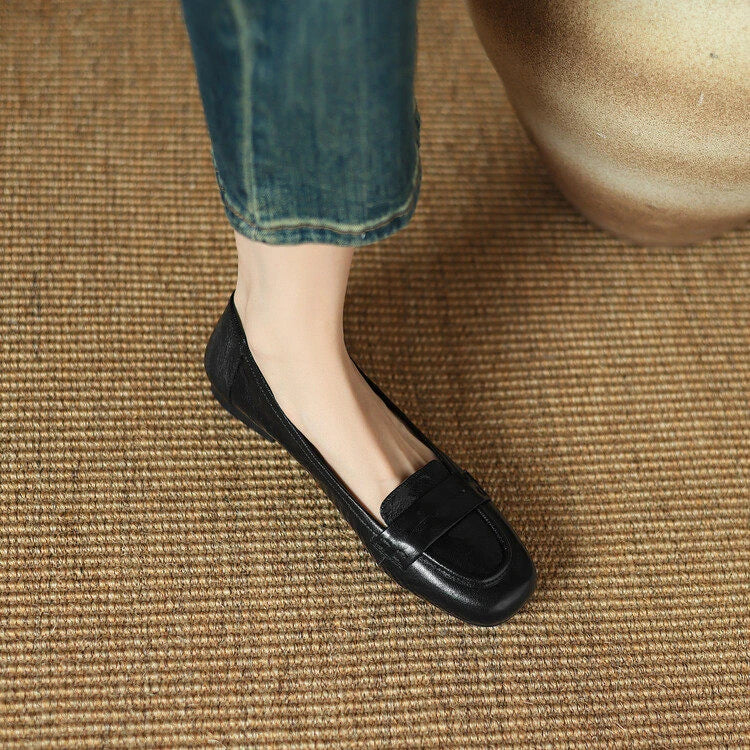 Women Penny Loafer Flats Soft Wrinkled Faux Leather Slip On Square Toe Low Heel Casual Office Daily Shoes