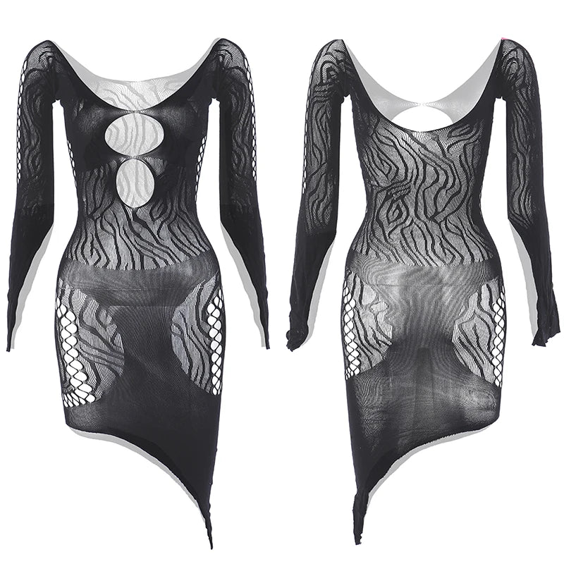 1 Piece Beach Cover Up without Bikini Summer's Hottest Mesh Swimsuit Women Summer Pool Swimwear Long Sleeves Hollow Out Dress