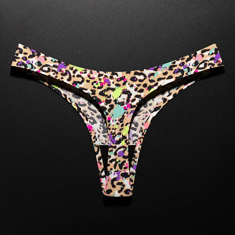 Ice Silk Leopard Women Panties Sexy G String Thong Seamless Underwear T Back Candy Color Girls Briefs Underpants Plus Size M-XXL