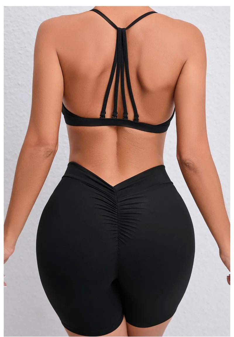 Women's 2-Piece Yoga Sets High Waist Seamless ShortsHip-Lifting & Backless Gym Leggings Quick Dry Workout Fitness Suits